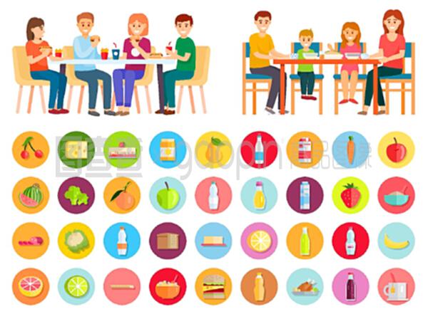 在家里吃飯的家庭。兩張照片,健康的家庭食品和不健康的垃圾食品。母親和父親,女兒和兒子一起吃飯。單獨的產品圖標。平面的矢量插圖。家庭吃垃圾食品和健康食品,產品圖標